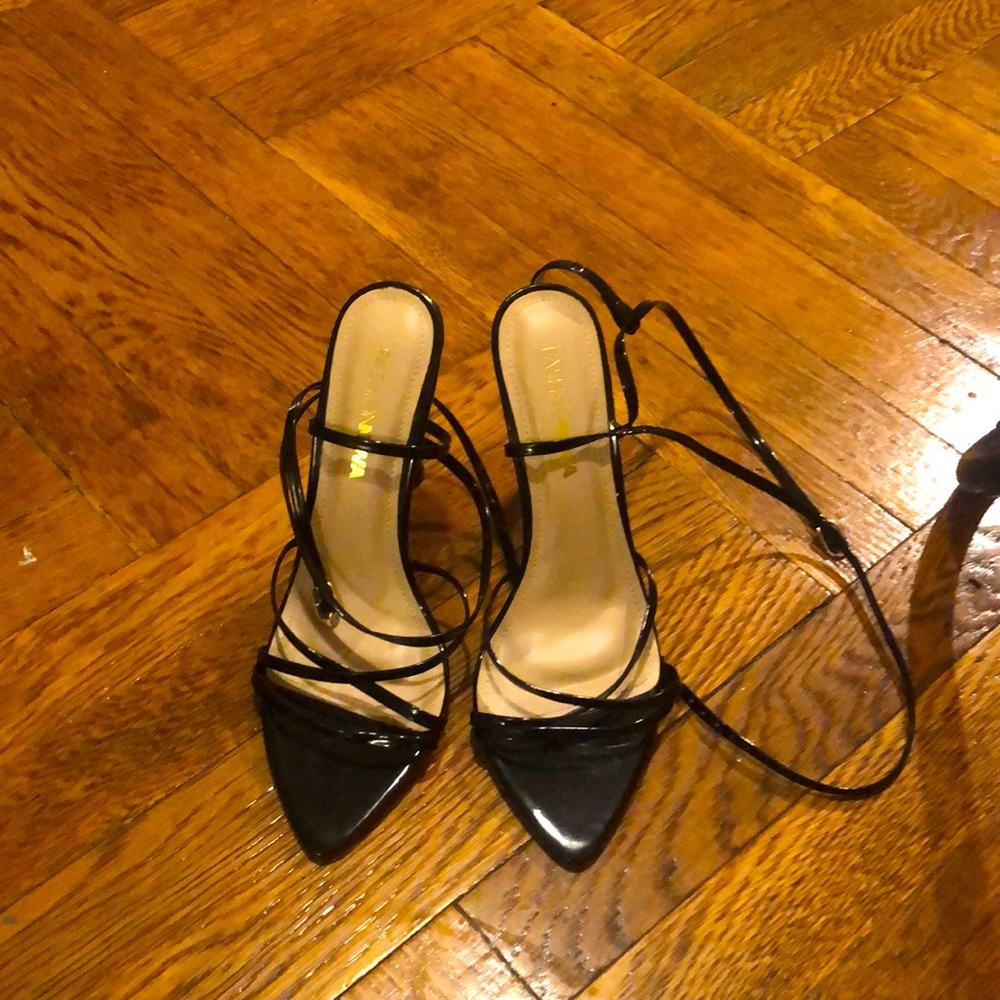 Black Patent Strappy Point Toe Heels